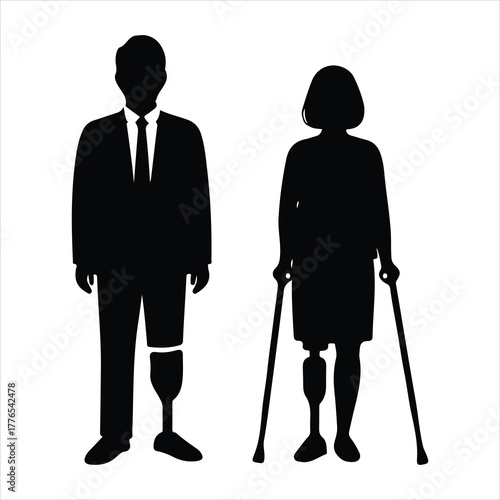 Silhouettes of man and woman with disabilities and prosthetics