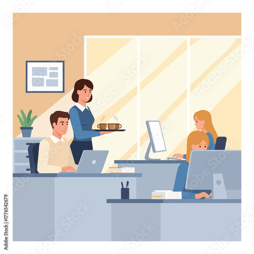 Office scene with employees working at desks a waitress serving coffee vector illustration for business and workplace concepts