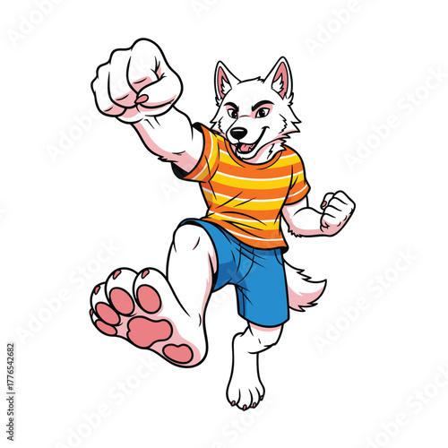Energetic anthropomorphic white wolf character in a striped shirt and shorts leaping forward with a triumphant fist pump.