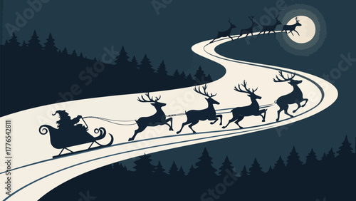 Stunning silhouette of Santa Claus flying with reindeer over snowy landscape on Christmas Eve