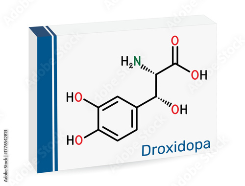 Droxidopa, L-DOPS molecule. For treating neurogenic orthostatic hypotension, Parkinson’s disease. Skeletal chemical formula. Paper packaging for drugs. Vector illustration
