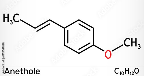 Anethole molecule (E-anethole). Flavor compound from anise and fennel, sweet aroma for flavor and fragrance. Skeletal chemical formula. Vector illustration