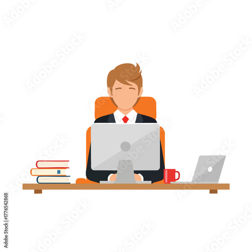 Flat design illustration of a businessman in a suit working at his office desk with a computer.