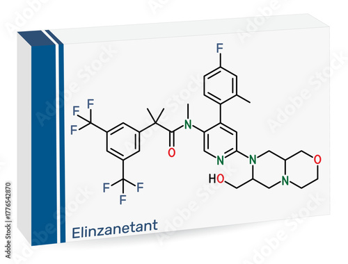 Elinzanetant molecule. Neurokinin 1 and 3 receptor antagonist for treatment of vasomotor menopausal symptoms. Skeletal chemical formula. Paper packaging for drugs. Vector illustration