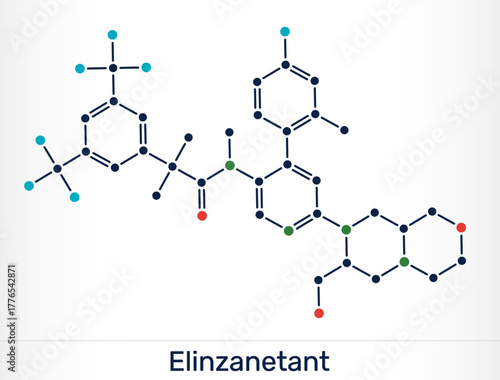 Elinzanetant molecule. Neurokinin 1 and 3 receptor antagonist for treatment of vasomotor menopausal symptoms. Vector illustration