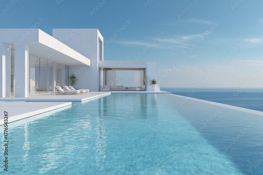 Fototapeta premium Luxury Villa With an Infinity Pool Overlooking the Ocean in a Clear Sky Setting During the Day