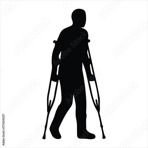Person with crutches silhouette walking, aiding recovery support