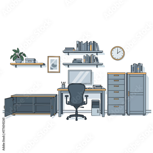 Illustrated modern home office furniture set with desk ergonomic chair shelves and cabinets.