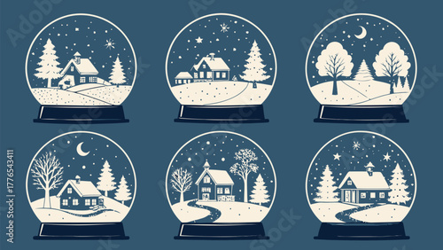 Charming winter village scenes captured in delightful snow globe silhouettes for festive holiday designs