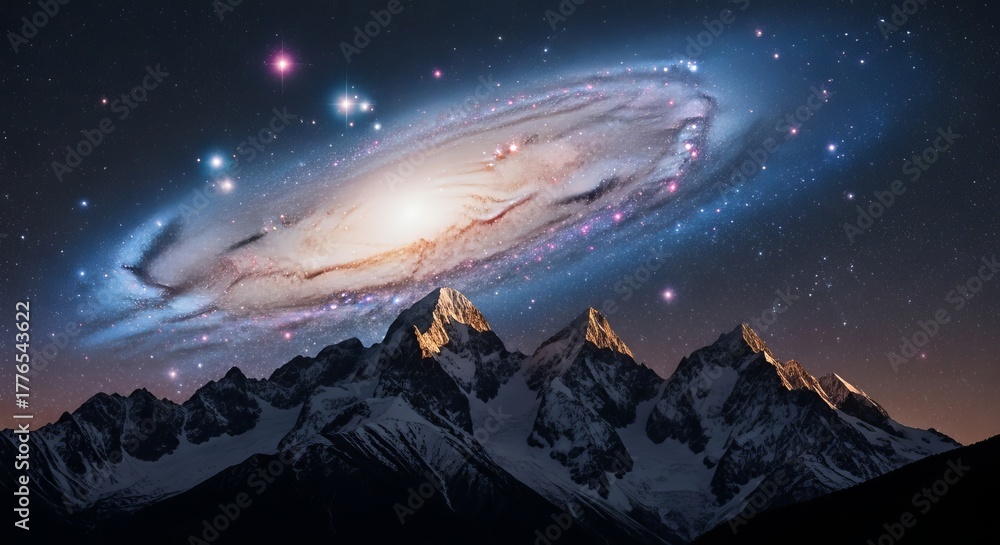 Fototapeta premium Mountain Peaks Foreground and Galaxy Stars Background