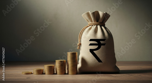 Pile of Coins and Bag with Rupee Symbol Financial Growth Savings Investment Strategy Monetary Gain Wealth Accumulation Future Plans