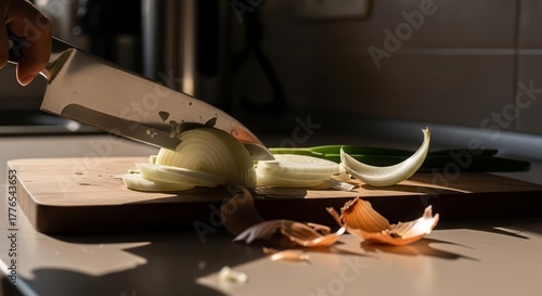 Onion Slicing Process In A Kitchen, Illuminating Shadowing, Clean And Minimalistic Aesthetic