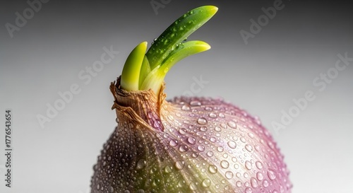 Onion Sprout Emerging From Bulb With Water Droplets In Detailed Macro Shot