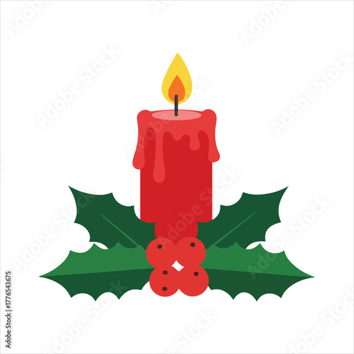 Christmas candle with holly leaves and berries. festive vector icon