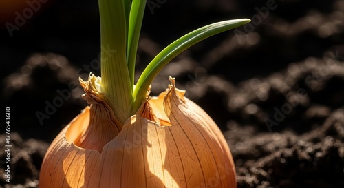 Onion Sprout Emerging From the Earth, Capturing The Beauty of Fresh Growth