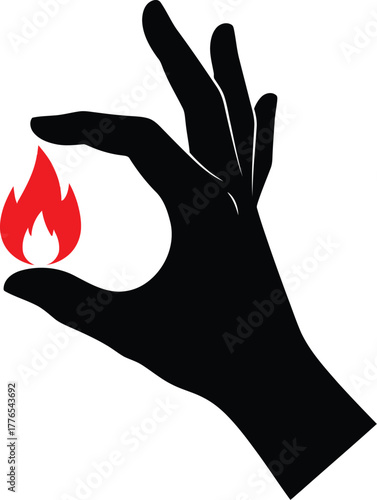 Human hand silhouette gently holding a small red flame icon, symbolizing power, energy, passion, and creativity