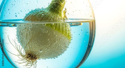 Onion Submerged In Glass Of Water Creating An Intriguing, Unique Visual, Refreshing