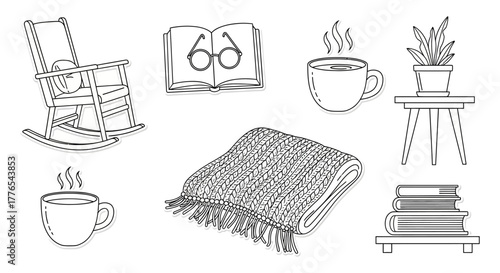 cozy reading corner rocking chair books and warm coffee illustrating a relaxing moment and perfect for lifestyle blogs about slow living.