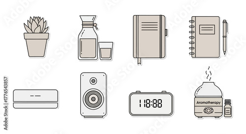 Home aromatherapy setup with essential oils diffuser and plant on desk providing wellness and calm perfect for promoting relaxation and self-care