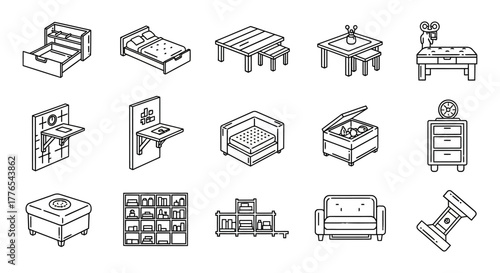 furniture line drawing icons set bed table sofa chair bookshelf and cabinet for minimalist home decor and interior design projects linear style