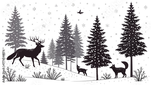 Majestic stag silhouette roams a snowy forest with deer and bird, winter wonderland scene