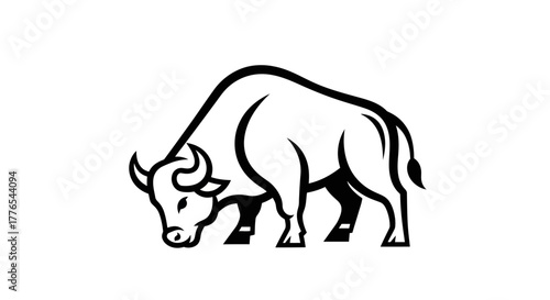 Monochrome Illustration of a Bull Grazing with Head Down.