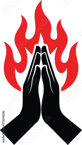 Praying hands with red flames symbol. spiritual gesture, devotion, power, worship, religion concept.