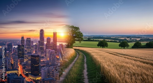 City vs Countryside, Skyline Blending Into Rural Field
