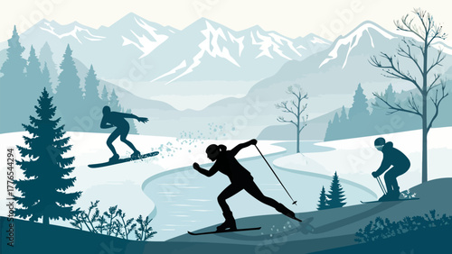 Dynamic winter sports silhouette capture showcasing skiers and snowboarders in action against snowy mountains