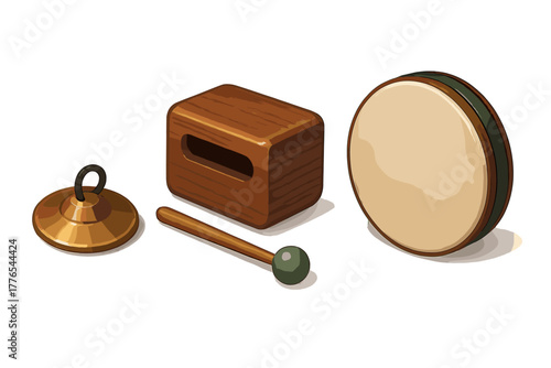 Handheld percussion instruments set including cymbal, wood block, and frame drum