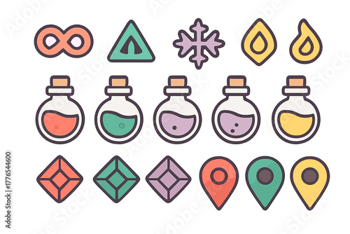 Collection of fantasy game icons featuring magic potions, precious gems, location markers, and elemental symbols