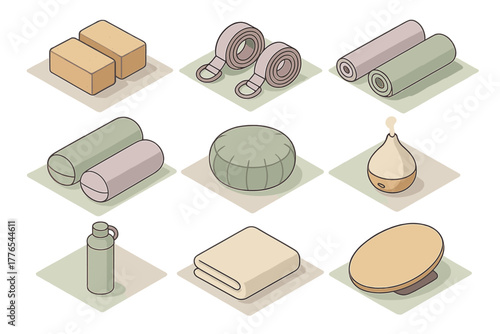 Isometric set of yoga and fitness accessories, including mats, blocks, straps, and cushions