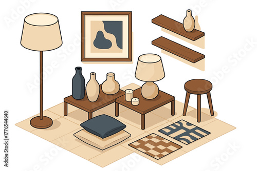 Cozy modern living room furniture and home decor in isometric perspective