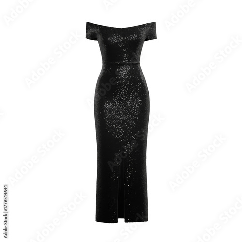 Elegant Black Dress With Off-Shoulder Design and Sparkles for Evening Events