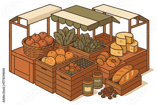 Isometric farmer's market stall display featuring fresh produce baked goods and dairy