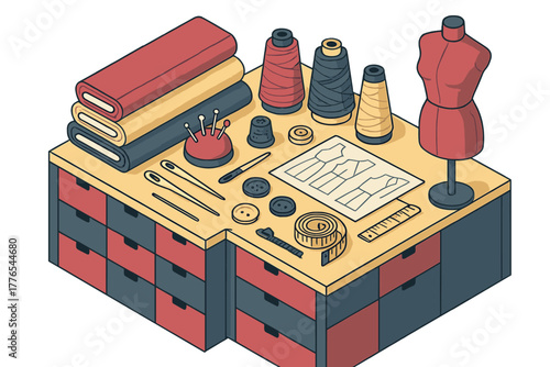 Tailoring and sewing workspace with fabric rolls thread spools buttons and dress form on a cabinet