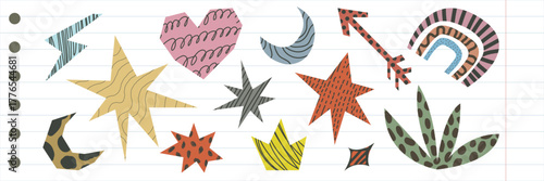 Whimsical scrapbook doodle Funky kids paper cutout shapes for collage. Hand-drawn doodle paper sticker set, featuring rainbows, clouds, stars, and crowns - perfect for notes, collages, and social medi