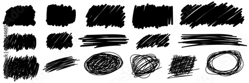 Pen stroke set, Shaded shapes, ink calligraphy paint lines, sketch brush strokes, bold lines and marker strip. vector crosshatch strikethrough hand drawn childish doodle isolated on a transparent back