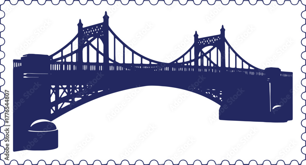 Obraz premium Architectural marvel of a suspension bridge silhouette in postage stamp design art