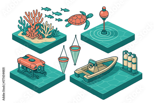 Isometric set of ocean research equipment and marine life including coral, sea turtle, fish, diving gear, boat, and underwater drone