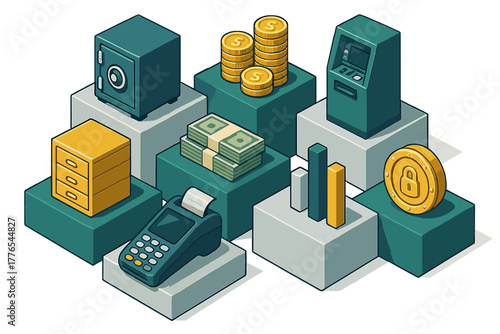 Isometric banking security composition featuring ATM safe cash and coins for financial transactions