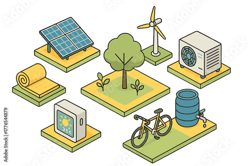Sustainable living and green energy solutions represented by isometric graphics