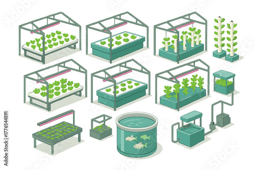 Isometric set of modern indoor farming systems for growing plants and vegetables