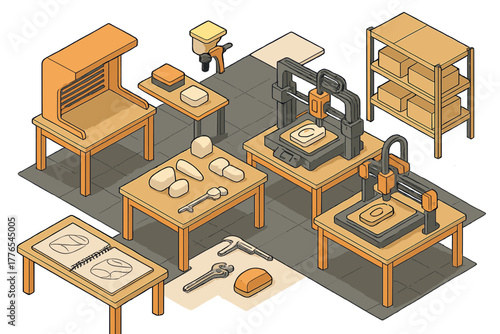 Modern workshop setup for additive manufacturing showing 3D printers and design tools