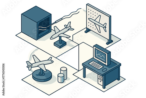 Aerodynamic testing setup with airplane model in wind tunnel and computer data analysis system