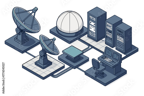 Isometric diagram of a global communication network featuring satellite dishes, server racks, and a control station