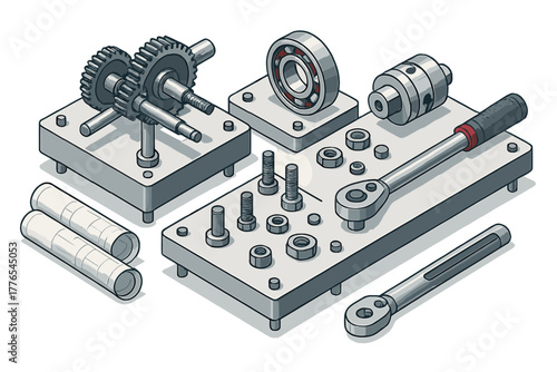 Arrangement of mechanical engineering parts and tools: gears, bearing, bolts, and ratchet wrench