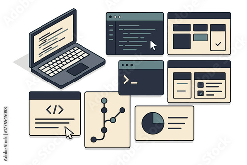 Programming and web development icons set featuring laptop, code editor, terminal, UI layouts, and version control graph