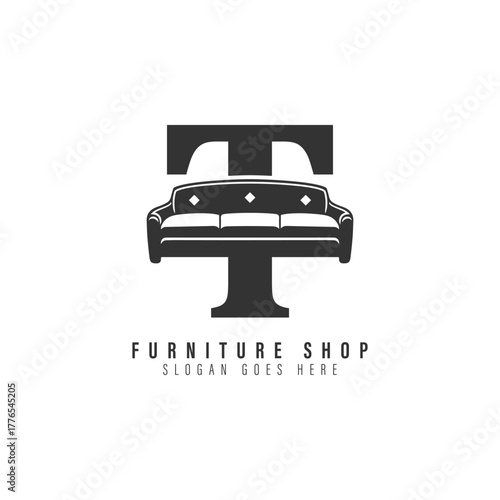 Letter T Sofa Logo Design. Alphabet T Furniture icon