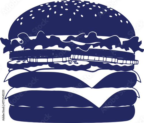Delicious looking stacked burger illustration with fresh ingredients perfect for graphic designs and menus